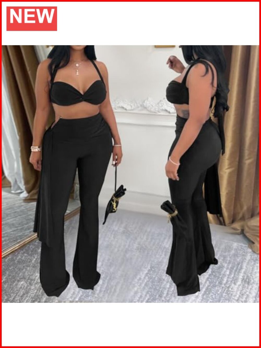 Halter Bandage Crop Top and High Waist Flare Pants Set Club Party Outfits - Picture 4 of 6